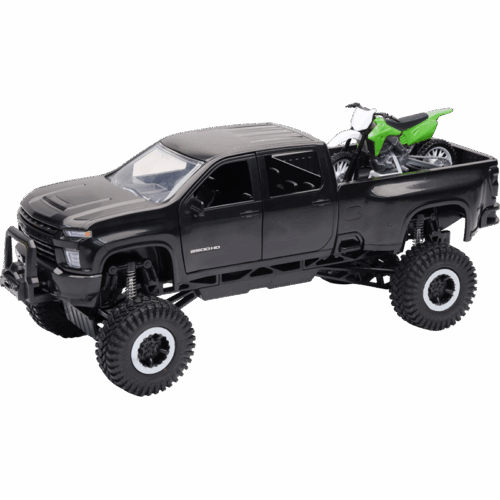 1:20 SCALE CHEVROLET 3500 HD OFFROAD PICKUP W/GRN DIRT BIKE