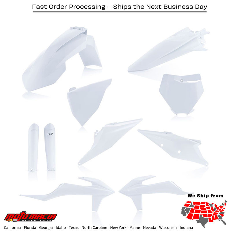 FULL PLASTIC KIT WHITE KTM 450 SX-F 350 SX-F 250 SX-F 250 SX 150 SX 125 SX 450 XC-F 350 XC-F 250 XC-F 450 SX-F Factory Edition 350 XCF-W 300 XC 250 XC 125 XC 2019-2022