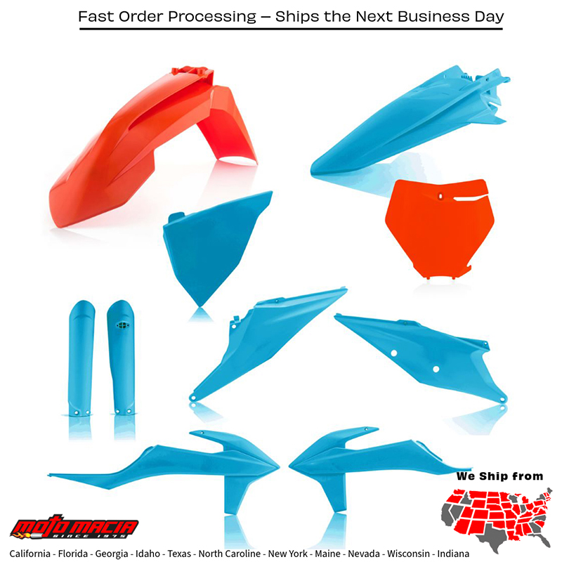 FULL PLASTIC KIT ORANGE/BLUE KTM 350 EXC-F 350 XC-F 350 SX-F 450 SX-F 250 XC-F 450 XC-F 450 SX-F Factory Edition 250 SX-F 250 SX 150 SX 125 SX 350 XCF-W 2017-2021